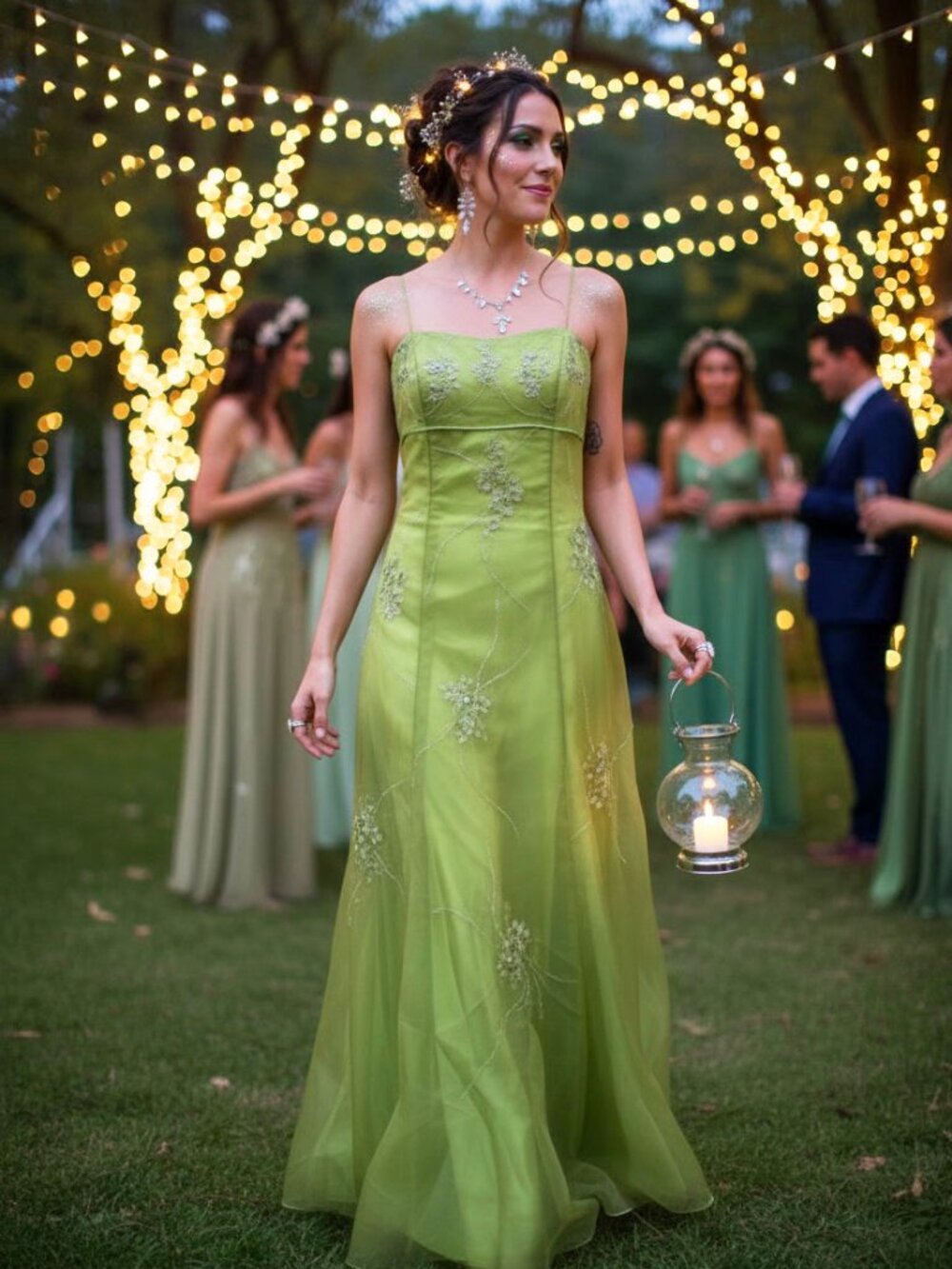 Y2K Fairycore Beaded Lime Green Maxi Dress Size L